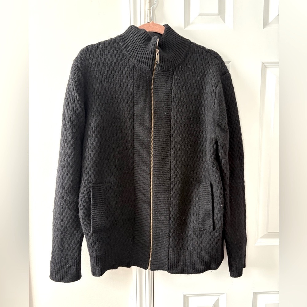 Built by Wendy Black Cable Knit Virgin Wool Zip Up Sweater Jacket - Picture 3 of 14
